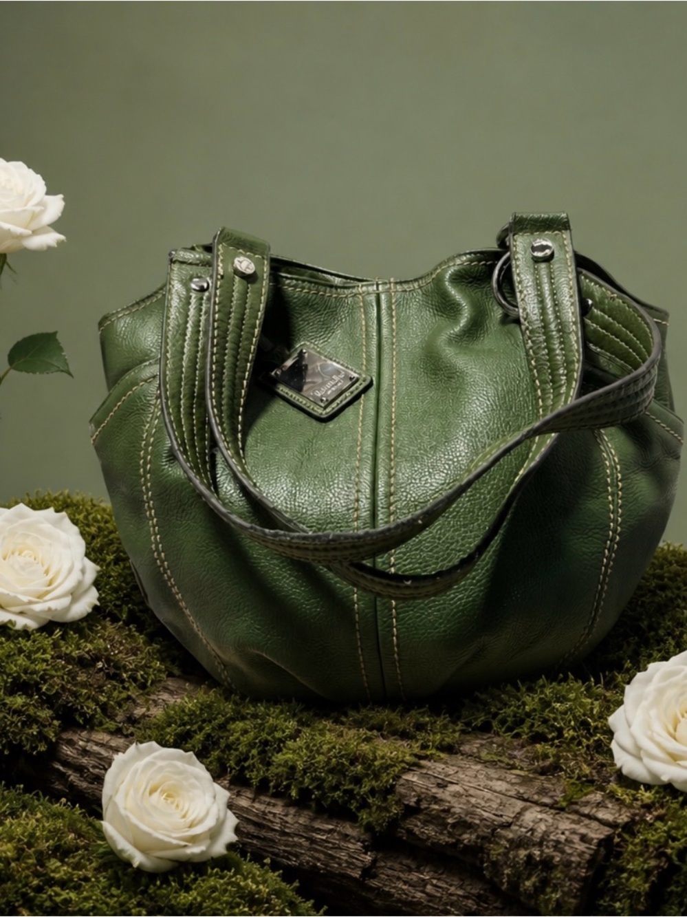 Tignanello Olive Green Leather Hobo Shoulder Bag